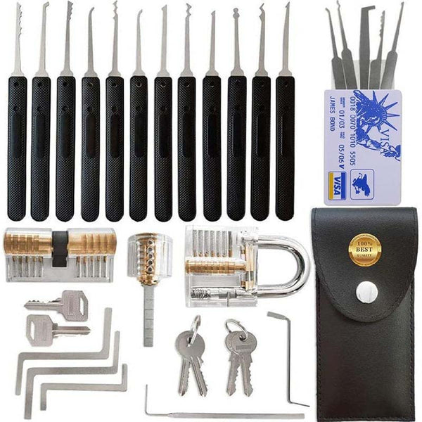 25 Piece Lock Pick Set with 12 Stainless Steel Lock Picking Kit, 3 Transparent Training Locks, 5 Piece Credit Card Lock Picking Kit, 5 Wrenches Tools