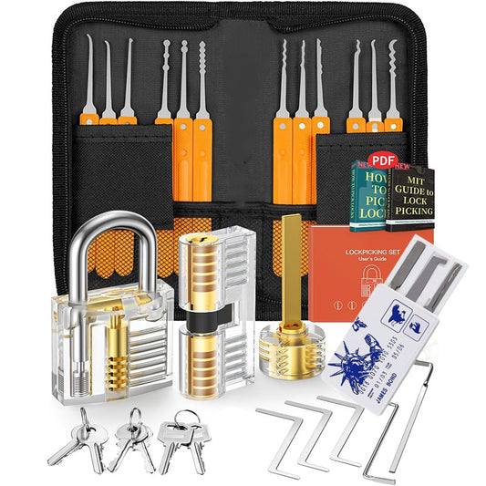 17 Piece Lock Pick Set with 3 Transparent Training Locks 5 Piece Credit Card Lock Picking Kit