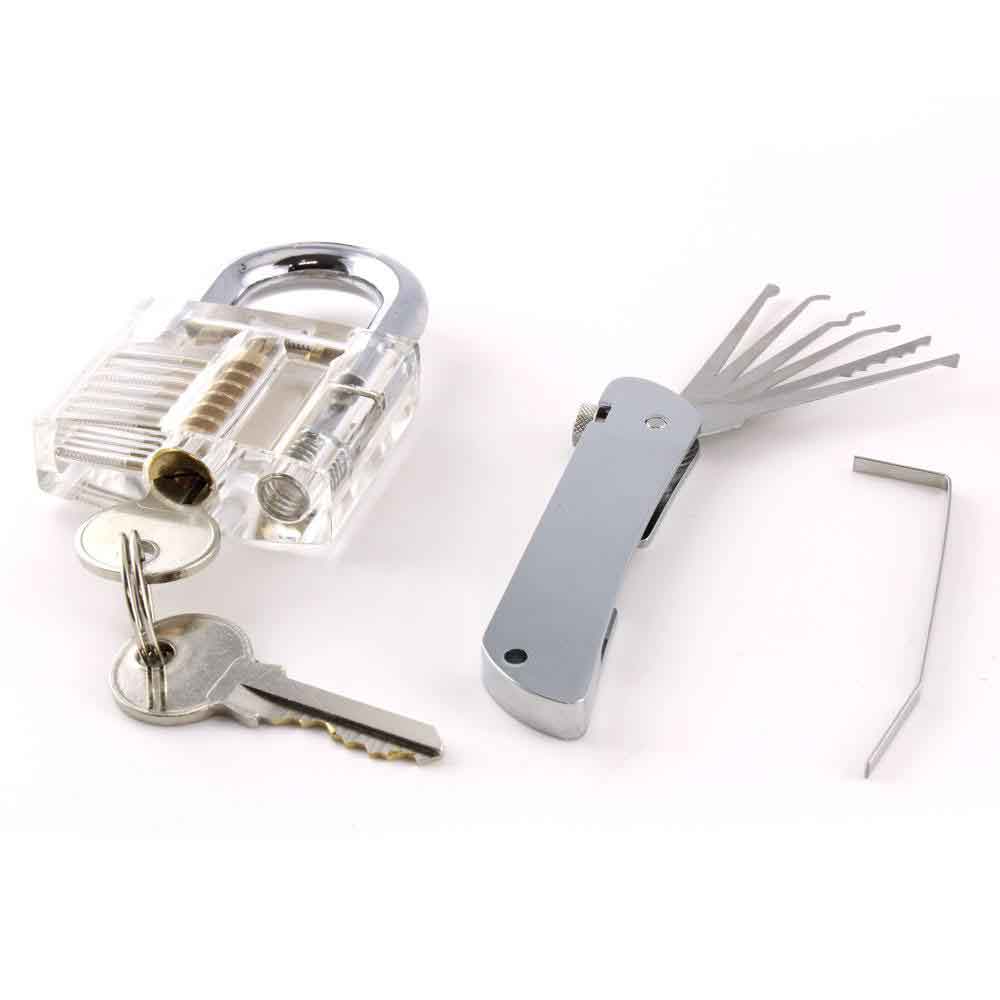 Foldable Lock Pick Set with Transparent Cutaway Inside View PadLock