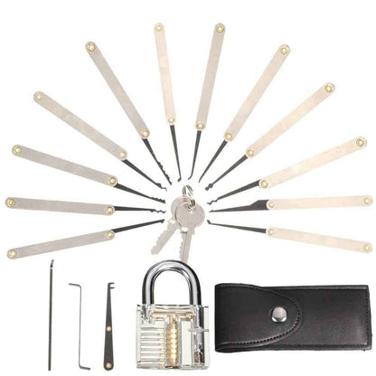 15 Pieces Lock Pick Tool Kit and Transparent Practice Lock