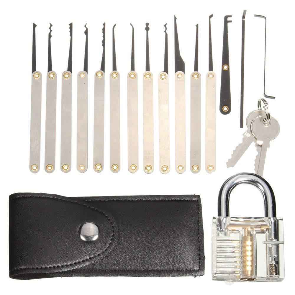 15 Pieces Lock Pick Tool Kit and Transparent Practice Lock