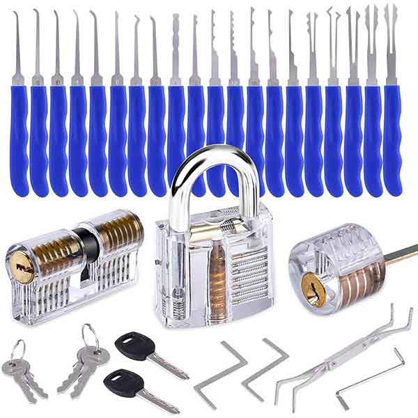 17 Pieces Lock Pick Set Kit Tool With Transparent Practice Training Lock