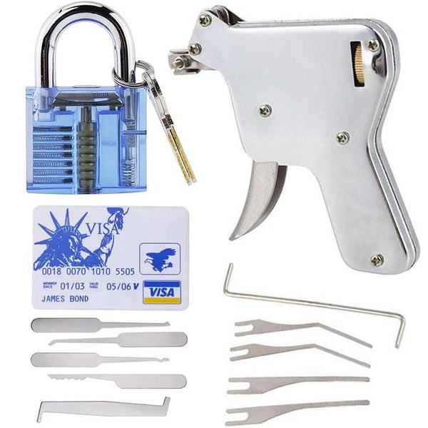 Lock Pick Gun with Credit Card Lock Pick Kit and Blue Transparent Practice Padlock, Locksmith Tool Door Lock Opener (UP)