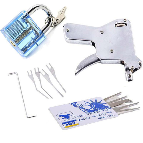 Lock Pick Gun with Credit Card Lock Pick Kit and Blue Transparent Practice Padlock, Locksmith Tool Door Lock Opener (UP)