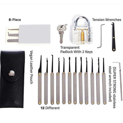 21 Pieces Lock Pick Set with Transparent Training Lock,15 PCS Stainless Steel Lock Picking Kit,5 PCS Credit Card Lock Picking Kit