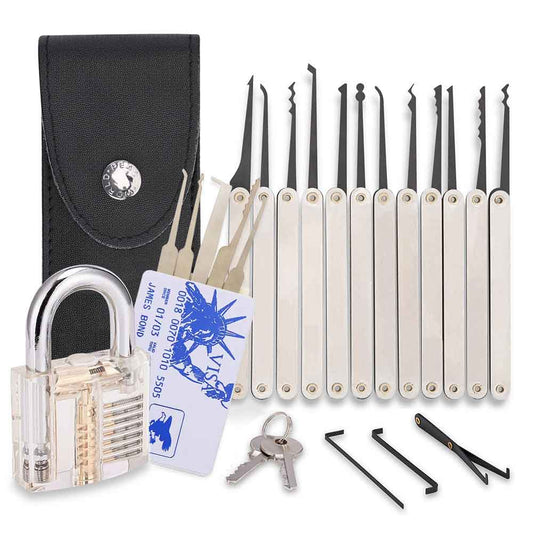 21 Pieces Lock Pick Set with Transparent Training Lock,15 PCS Stainless Steel Lock Picking Kit,5 PCS Credit Card Lock Picking Kit